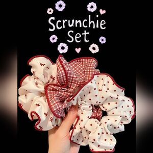 Red Polka Dot Plaid Bow 3pc. Scrunchie Set New